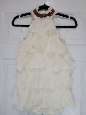bebe Cream Low Back Ruffled Halter Tank Top with Embroidered Neck